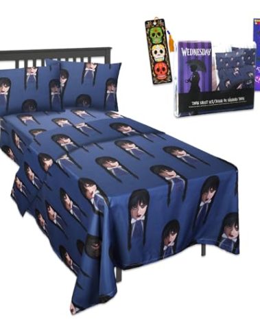 Wednesday Addams Bedding Set - Twin Bed Bundle with Sheets, Pillowcase, Bookmark