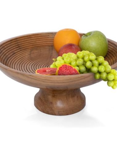 Folkulture Wooden Fruit Bowl for Kitchen Counter | 12" Large Premium Eco Friendly Banana Fruit Basket for Kitchen | Acacia Wood Bowl with Holder, Pedestal for Table Decor, Centerpiece for Dining Table