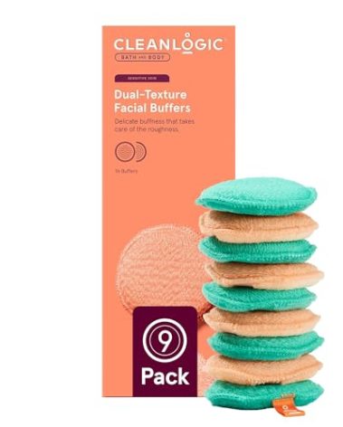 CleanLogic Bath & Body Exfoliating Dual-Texture Facial Pads, Face Sponges for Cleansing & Softening Sensitive Skin, MakeUp Remover Pads, Assorted Colors, 9 Count Value Pack