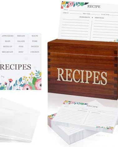feasteery Acacia Wooden Recipe Box Organizer with 100 Cards, Dividers & Protectors – Ideal for Custom Recipes & Gifting to Moms, Grandmas, Brides & Housewarmings