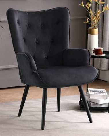 Furniliving Velvet Accent Chair Modern Upholstered Side Armchair with Tapered Legs Tufted Button Wingback Sofa Chairs Tall Back Reading for Living Room Bedroom Waiting Room, Black