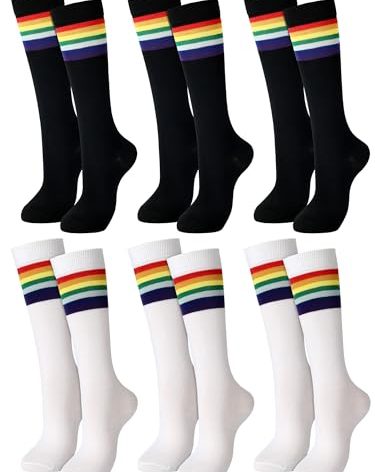 Fourluoo 6 Pairs Rainbow Knee High Socks Cotton LGBT Gay Socks Long Athletic Novelty Colorful Funny Tube Striped Stockings Costume Accessories for Unisex Women Men Pride Party Sports Soccer