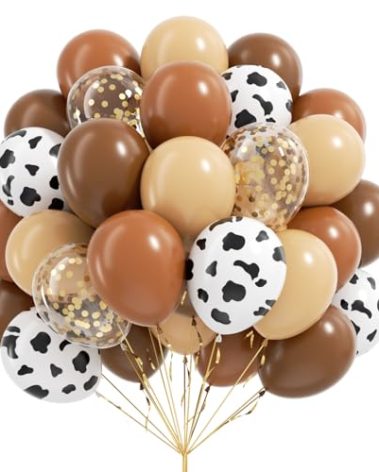 Brown Western Balloons, Brown Nude Gold Confetti Cow Print Latex Cowboy Balloons for Farm Cowboy Western Baby Shower Birthday Party Decorations