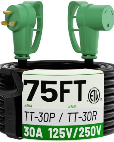 POWGRN NEMA TT-30P to NEMA TT-30R 75 FT 30 Amp RV Extension Cord Outdoor with Grip Handle, Flexible Heavy Duty 10/3 Gauge STW 3 Prong RV Power Cord Waterproof, 30A 125V 3750W, Black-Green, ETL Listed