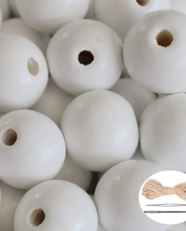 100 Pieces White Wood Beads with 5mm Hole, Round Loose Beads Polish Spacer Beads Bulk with 10m Jute Twine for Farmhouse Beaded Necklace Bracelet Jewelry Making - 20mm