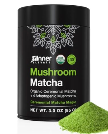 Inner Elevate Mushroom Matcha - Organic, Ceremonial-Grade Matcha Powder with 4 Superfood Mushrooms - Adaptogenic Mushroom Tea Drink with Lion's Mane, Cordyceps, Turkey Tail, Reishi (30 Servings)