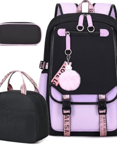 Bevalsa Backpack with Lunch Bag Bookbag Set for Girls Kids Middle High School College Student 21L Casual Daypack Children Schoolbag Bookbag with USB Charging Port (Purple)