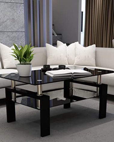 IANIYA Clear Glass Coffee Table Metal Tube (All-Black)