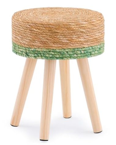 LGENHOOM Handwoven Outdoor Ottoman, Water Hyacinth Pouf Round Patio Footstool with Wood Legs, 17-Inch Multipurpose Vanity Stool, Dining Chair, Patio Footrest for Balcony and Garden, Green