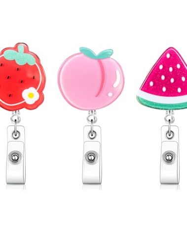 3 Pack Badge Reel with Badge Holder Retractable Clip，Fruit Designs Badge Reels,Cute Peach, Strawberry and Watermelon Alligator Clip Accessories for Nursing Student Medical Worker Teacher
