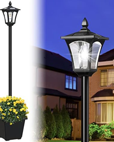 64 Inch Solar Lamp Post Light with Planter, 60 High Lumen Street Light, Solar Post Lights Waterproof for Pathway, Garden, Driveway, Lawn, Front Back Door Outside Pole Lamp 6000K