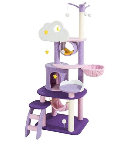 Lucky Monet Cute Cat Tower 65 Inches, Unique Cat Tree Large Tall for Indoor Cats, Purple Pink Cloud Big Cat Tree Cat Castle Mansion Condo for Large Cats Activity Trees with Scratching Post Hammock