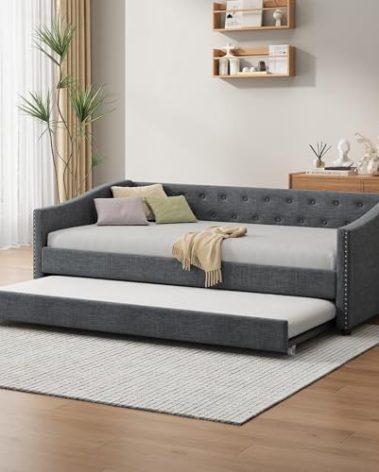 Favfurish Twin Size Daybed with Trundle Upholstered Day Bed Frame with Button Tufted Backrest and Nailhead Decorated Armrest for Living Room Bedroom,No Box Spring Needed,Dark Grey