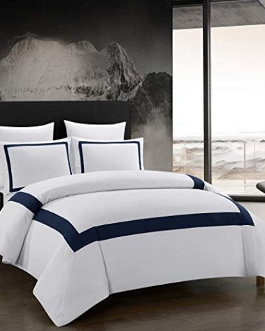 OSVINO Hotel Duvet Cover Set Queen Size 3Pcs Microfiber Navy Line Pattern Bedding Collection Ultra Soft Breathable Duvet Cover with Pillowcases