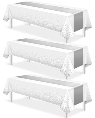3Pcs White and Silver Tablecloth Party Decorations,Plastic White Table Cloth Printed Silver Runner Disposable Rectangle Table Cover for Birthday Wedding Anniversary Graduation Party,54 x108 Inch