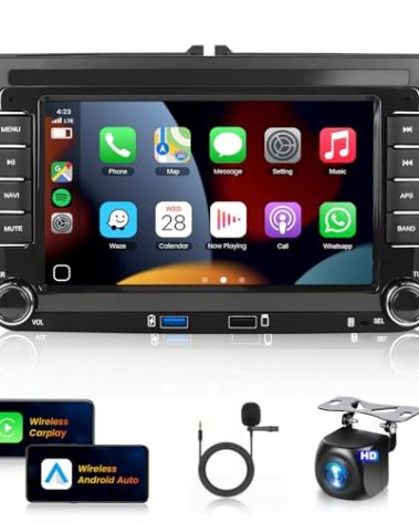 Android Car Stereo for VW Volkswagen Jetta Beetle Tiguan Touran Seat Golf Passat EOS 7” Double Din Touchscreen Bluetooth Radio Wireless CarPlay Android Auto,2 USB Slot,GPS,WiFi,FM+Backup Camera