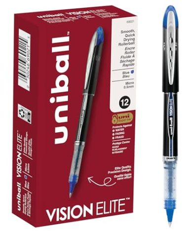 uni-ball uniball Vision Elite Rollerball Pens with 0.5mm Fine Point Micro Tip, Blue, 12 Count