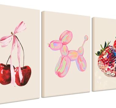Cute Pink Canvas Wall Art Set of 3, Fruit Disco Strawberry and Bow Cherry Wall Decor Paintings, Funky Preppy Balloon Dog Posters Prints Pictures for Girls Dorm Living Room Bedroom 16x24 Inch Framed