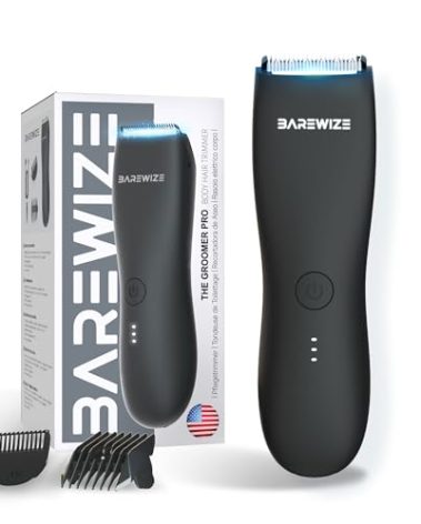 BAREWIZE Body Hair & Pubic Hair Trimmer for Men | Waterproof, USB-C Rechargeable, LED Light, Replaceable Ceramic Blade, Electric Ball Shavers, Manscape Kit, Mens Personal Groomer (Raven Black)