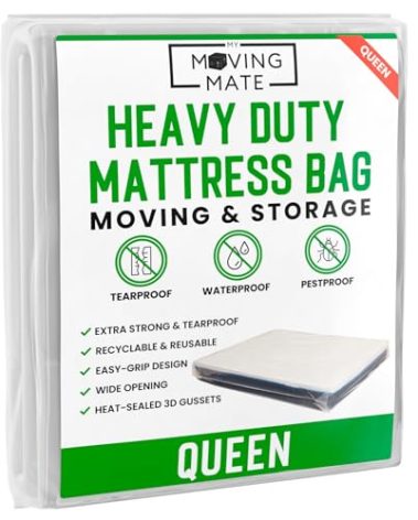 Queen Mattress Bag for Moving and Storage - 5 Mil Mattress Cover for Moving and Storage - Mattress Protector Storage Bags - Heavy Duty, Reusable, Tearproof