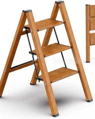 SOLADDER 3 Step Ladder, Folding Step Stool with Anti-Slip Wide Sturdy Pedal, Multi-Use for Home and Kitchen Use, Space Saving-Woodgrain(300 lbs Capacity)