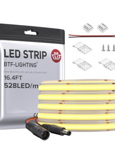 BTF-LIGHTING FCOB COB LED Strip 528LED/m Flexible High Density Uniform Light 14W/m 16.4FT DC24V Warm White 3000K CRI 90+ 10mm Width for Home Indoor Decoration(No Adapter or Controller)