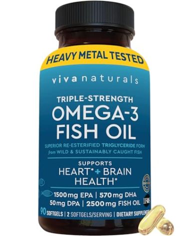 Viva Naturals Triple Strength Omega 3 Fish Oil Pills – 2500 mg High-Potency Formula with 2250 mg Omega 3 Fatty Acids (Including EPA, DHA, DPA) in rTG Form for Absorption – IFOS Certified, 90 Softgels