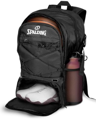Spalding Basketball Backpack - Black Sports Bag with Ball & Shoe Compartment, Basketball Accessories Bag
