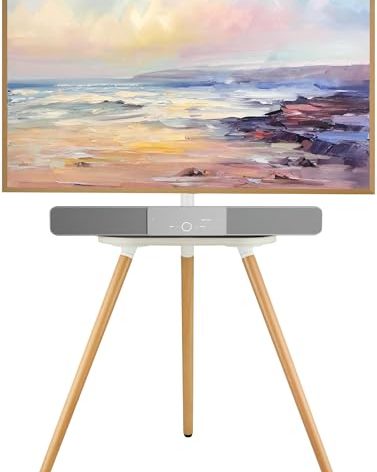 ECOTINY Tripod Easel TV Stand for 43-65" TVs, Height-Adjustable Swivel Corner Floor TV Stand with Wooden Tray, VESA 400x400 LCD/LED/OLED Compatible, Minimalist White