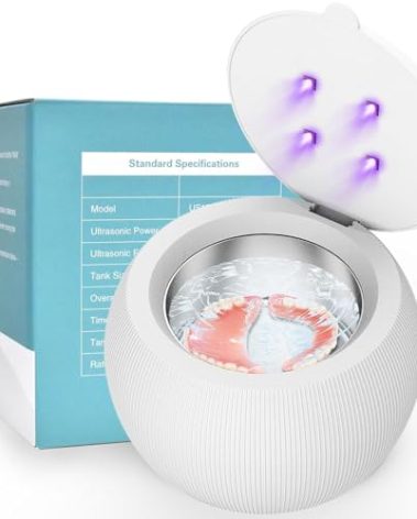 Voraiya Ultrasonic UV Cleaner for Dentures, Aligner, Retainer, Whitening Trays, Night Dental Mouth Guard, Toothbrush Head, Ultrasonic Jewelry Cleaner Machine for all dental Appliances, Diamon (White)