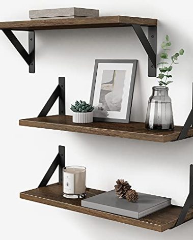 Rustic Floating Shelves Wall Mounted Set of 3, 17 Inch Natural Wood Wall Shelves, Decor Storage Shelf for Bedroom Bathroom Living Room Office Pictures Plants Books Cats TV (Rustic Brown)