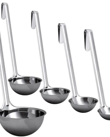 Sturdy, Ergonomic Combo Sizes Ladles 5 Pk. 1 2 4 6 8 Oz Stainless Steel Ladle with Long Handles. Best Kitchen Supplies for Stirring, Portioning and Serving Soup, Chili and Stew in Restaurants and Home