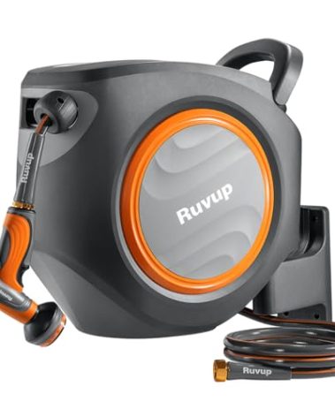 Ruvup Retractable Garden Hose Reel,1/2in x 150ft Water Hose Reel with Metal Bracket, UV Resistant Automatic Hose Reel Wall Mount for Outside, Slow Retraction Any Length Lock 10 Spray Nozzle