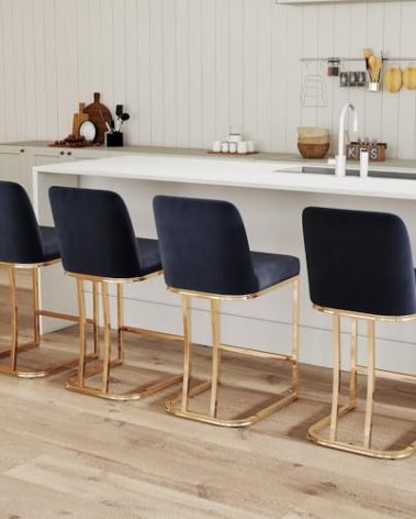 BESTANO Modern Counter Height Bar Stools Set of 4 Velvet Counter Stools with Gold Legs, 24" Barstools Island Chairs Upholstered Kitchen Bar Chairs with Back for Pub Kitchen Island, Black