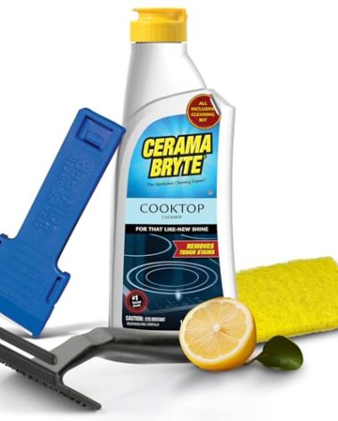 Cerama Bryte Glass Cooktop and Stove Top Cleaner Combo Kit - Includes Cleaning Tool, Razor, Scraper and 1 Pad to Remove Tough Stains - Use on Gas, Electric, Ceramic Surfaces, 10 Ounces, 4 Piece
