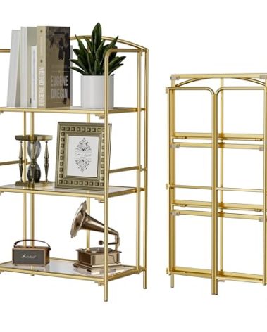 Crofy No Assembly Folding Bookshelf for Living Room, 3 Tier Gold Collapsible Book Shelf for Home Office, Portable Bookcase Storage Organizer