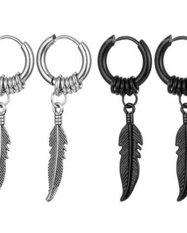 Kawailay 2 Pairs Feather Huggie Hoop Earrings Gothic Feather Earrings Studs Punk Rock Hip Hop Dangle Drop Earrings for Men Women - Silver and Black Style 2