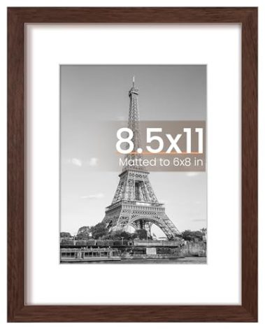 upsimples 8.5x11 Picture Frame, Display Pictures 6x8 with Mat or 8.5x11 Without Mat, Wall Hanging Photo Frame, Brown, 1 Pack