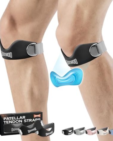 GOUNOD Silicone Patellar Tendon Support Strap 2 Pack,Knee Strap for Knee Pain Relief,Patella Band for Basketball, Jumpers Knee, Tendonitis, Running, Hiking, Soccer, Osgood Schlatter（Black-Grey）