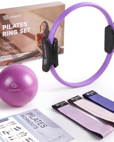 LIONSCOOL Pilates Ring Set (Purple) - 14" Pilates Ring, 9" Pilates Mini Ball and Three Fabric Resistance Bands Included