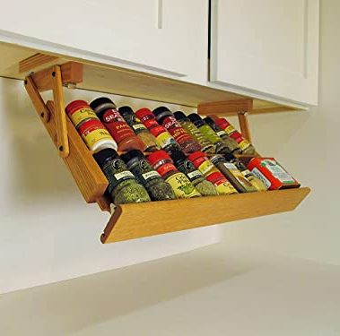 Makimoo Kitchen Storage Under Cabinet Spice Rack, Handmade Hardwood, Holds 16 Large or 32 Small Spice Containers