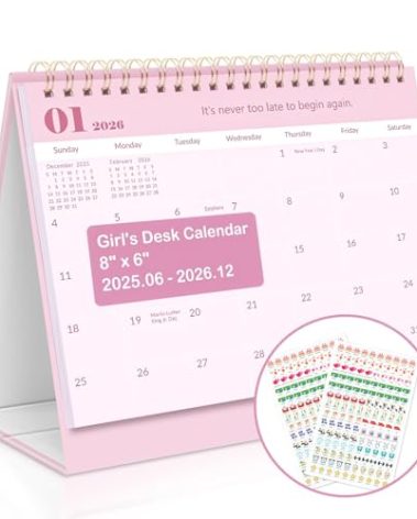 Desk Calendar 2025-2026, June 2025-December 2026, 19 Months Small Desk Calendar with Planner Stickers, Motivational Calendar with Inspirational Quotes, 8" x 6" Inspirational Gifts for Women Girl, Pink