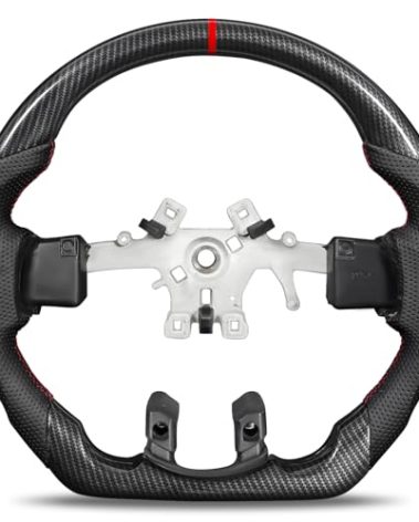 KIGEMOS Hydro-Dip Carbon Fiber Steering Wheel for Ram 1500 2013-2018 D-Shaped Racing Design and Nappa Perforated Leather Grip with Red Hand-Stitched Steering Wheel (No Paddle Shifter)