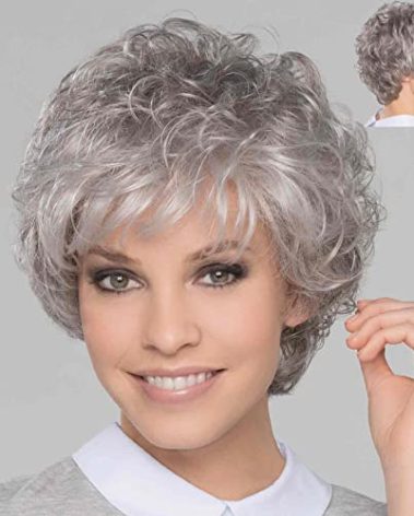 GNIMEGIL Short Grey Elderly Wigs Curly Wigs for White Women Gray Pixie Cut Wig with Bangs Layered Synthetic Natural Hairstyles Old Lady Costume Senior Ladies Wig