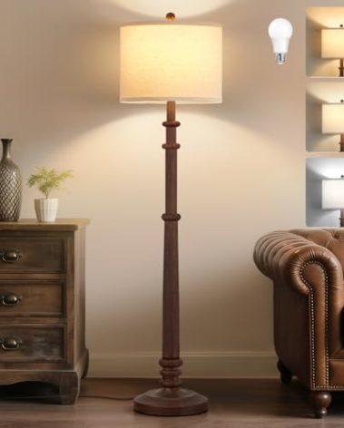EJIAXIN Floor Lamps for Living Room - 60" Resin Farmhouse Floor Lamp with 3 Color Temperatures - Vintage Standing Lamp Reading Light with Linen Shade Tall Lamp for Bedroom Office, Reddish Brown