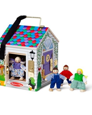 Melissa & Doug Take-Along Wooden Doorbell Dollhouse - Doorbell Sounds, Keys, 4 Poseable Wooden Dolls Portable Doll House, Doorbell House for Kids Ages 3+