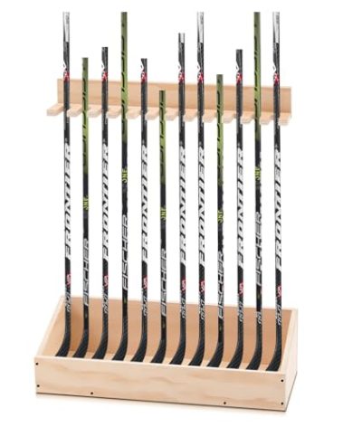 Leinuosen 2 in 1 Hockey Stick Holder Wall Mount for Garage Hockey Stick Wooden Rack Ice Organizer Storage with Vertical Display Large Capacity Organizer Holds up to 12 Sticks for Player Gifts