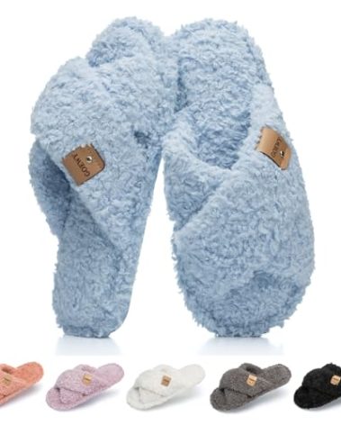 GOEWY Fuzzy Open Toe Slippers for Women Indoor and Outdoor with Memory Foam Cozy Cross Band Women's Slipper Cute Soft House Shoes Slides Slip On Gifts for Womens Mom Her Ladies Bridesmaid Blue