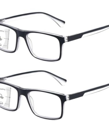 Missfive 2-Pack Mens Light Multifocus Progressive Reading Glasses Blue Light Blocking, Multifocal Spring Hinge No-Line Trifocal Readers Black Eyeglasses(Workspace For Near Range, +2.25)