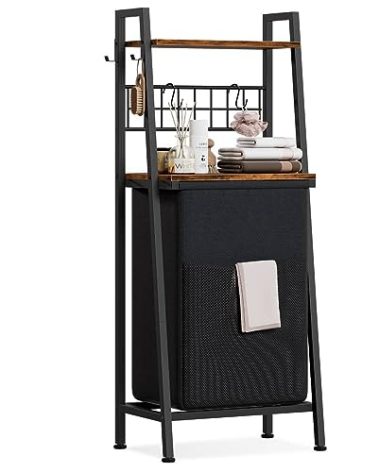 Furnulem 2 Tiers Laundry Hamper with Wooden Shelf and Hooks, Vertical Laundry Basket with Pull-Out and Removable Bag, Clothes Hamper with Divided Bag for Bathroom, Bedroom, Dorm